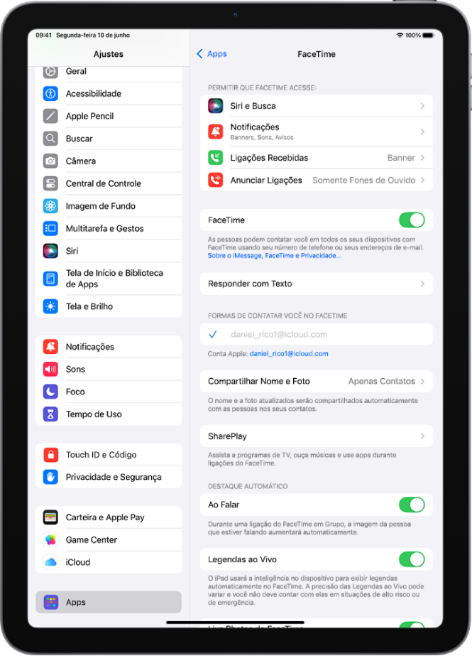A tela de Ajustes do FaceTime mostrando o controle para ativar ou desativar o FaceTime e a Conta Apple que está sendo usada para o FaceTime.