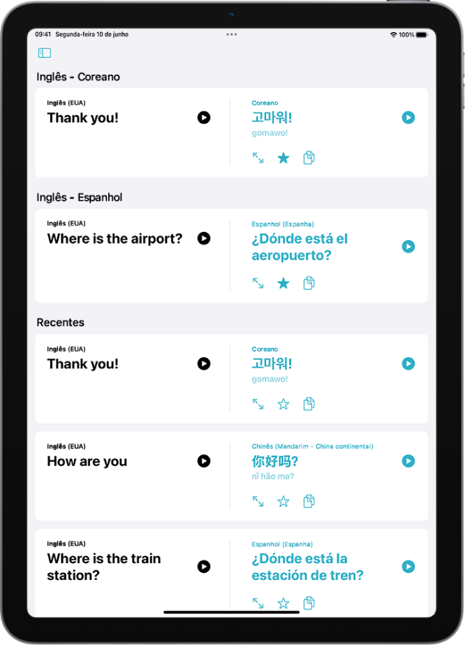 Aba Favoritas, mostrando frases salvas traduzidas do inglês para o coreano e do inglês para o espanhol. Abaixo de Recentes há frases traduzidas recentemente.