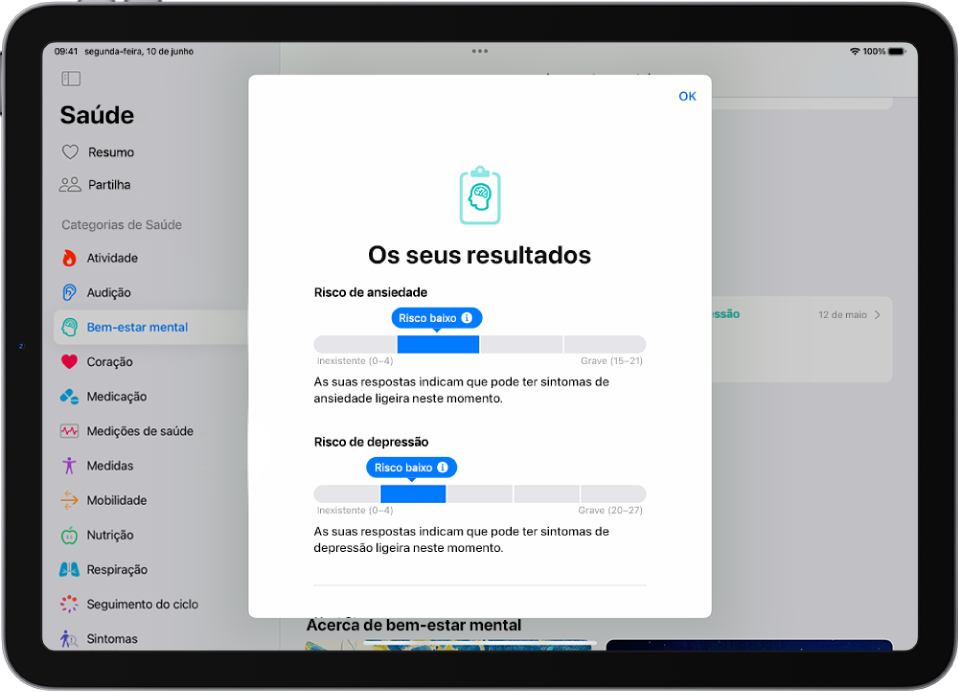 Um ecrã na aplicação Saúde que mostra os resultados de um questionário de saúde mental.