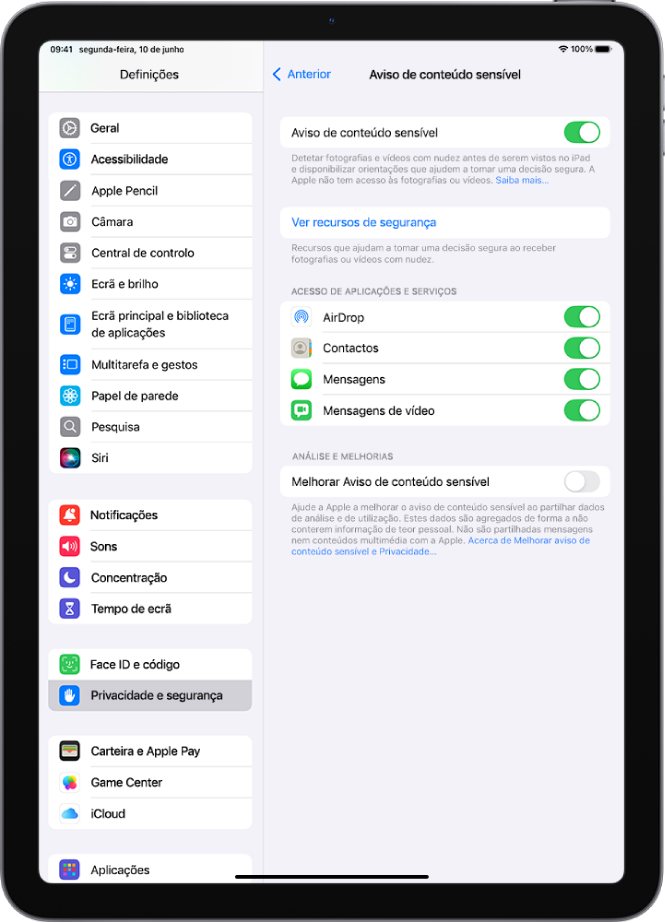 As definições do aviso de conteúdo sensível, com um botão com a etiqueta Ver recursos de segurança e um botão com a etiqueta Melhorar aviso de conteúdo sensível para partilhar dados de análise e utilização com a Apple.