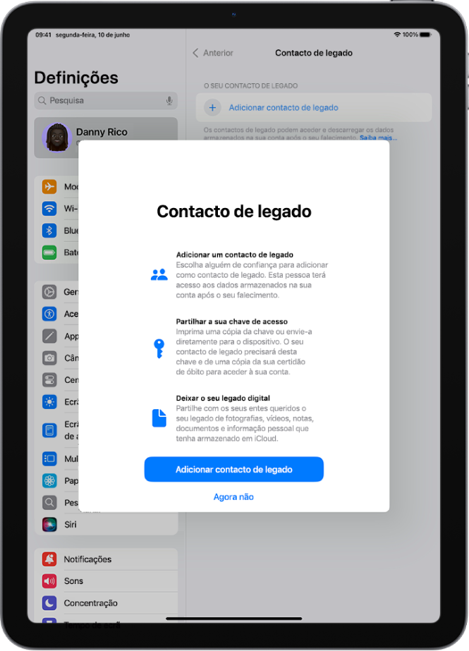 O ecrã “Contacto de legado” com informação acerca da funcionalidade. O botão Adicionar contacto de legado está na parte inferior.