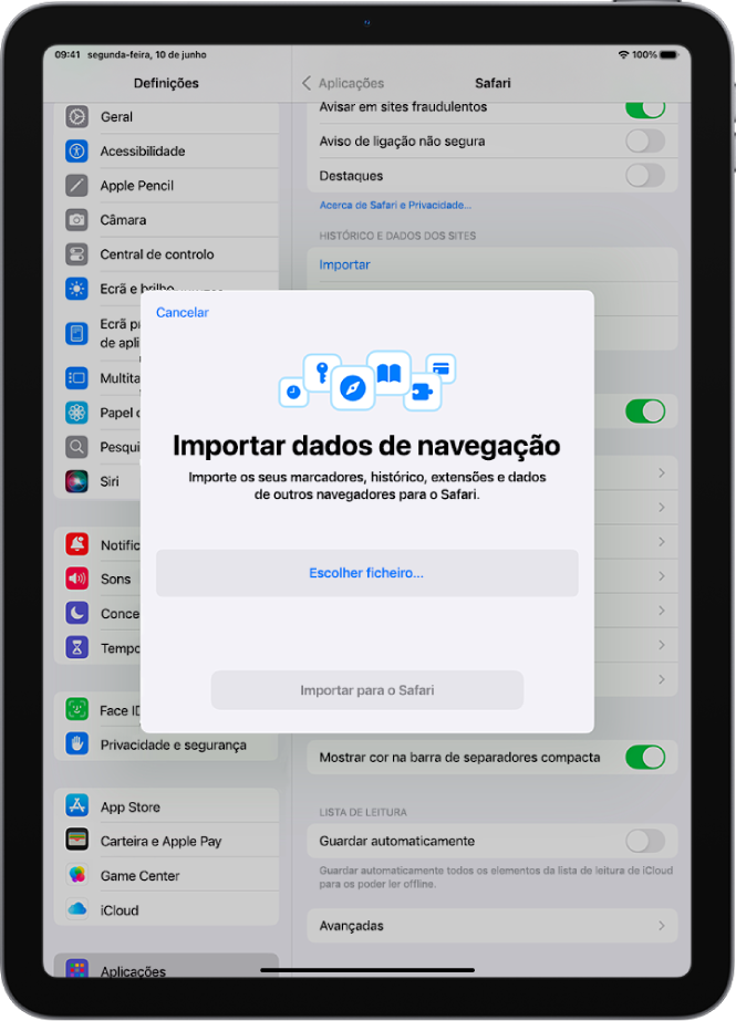 O ecrã “Importar dados de navegação” a mostrar os dados de outro navegador para importação para o Safari.