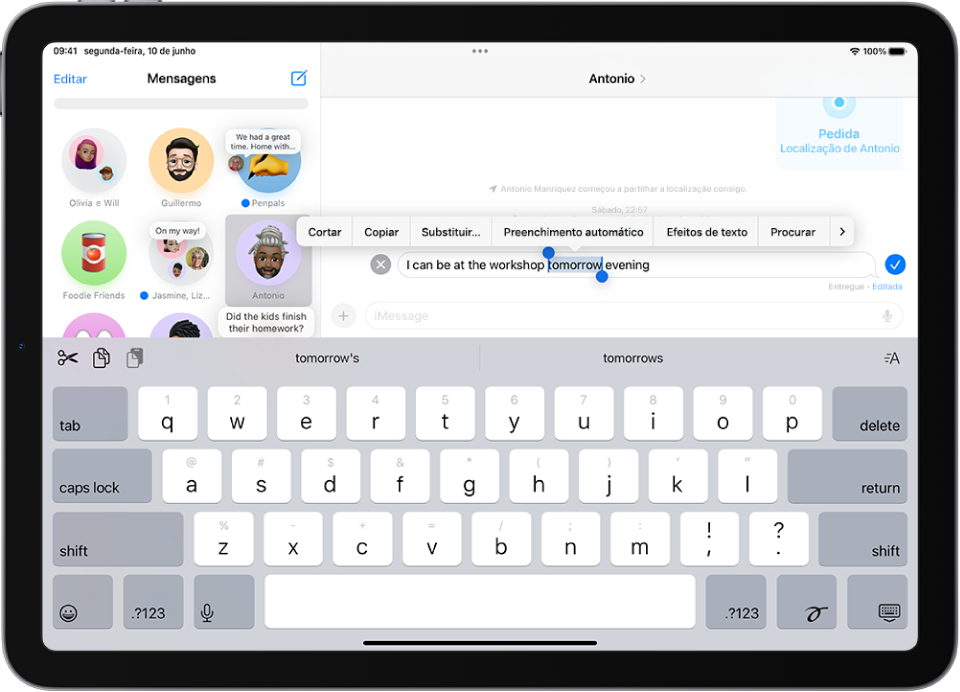 Uma conversa na aplicação Mensagens a mostrar a mensagem mais recente a ser editada. O teclado no ecrã encontra-se na metade inferior do ecrã, com sugestões para substituir a palavra destacado junto à parte superior do teclado. A maioria da conversa está mais clara, exceto a mensagem de texto específica que está a ser editada.