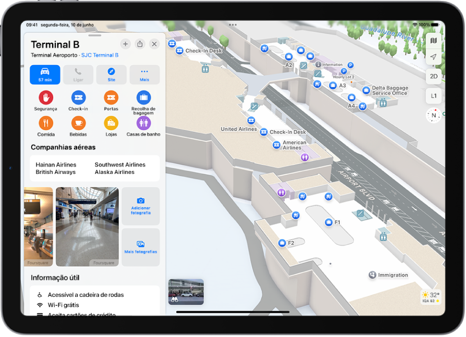 O mapa do interior de um terminal de aeroporto. O mapa mostra uma porta, casa de banho, um controlo de segurança, e primeiros socorros. Pode alterar os níveis dos mapas com vários andares com o botão marcado L2 (para Nível 2).