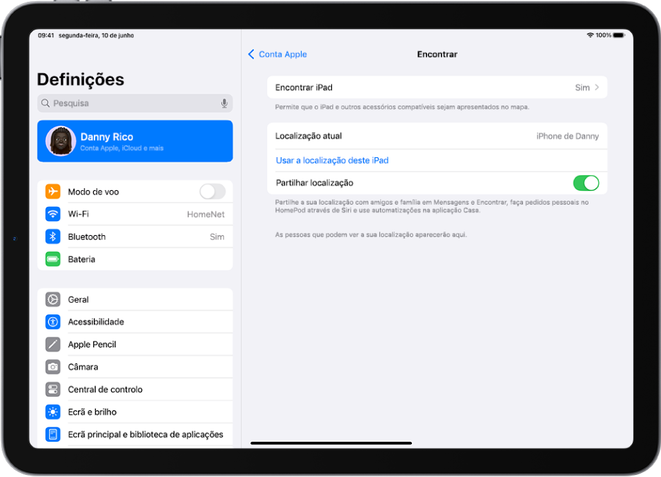 Um ecrã a mostrar as definições da aplicação Encontrar com opções para ativar “Encontrar iPad” e “Partilhar localização”.