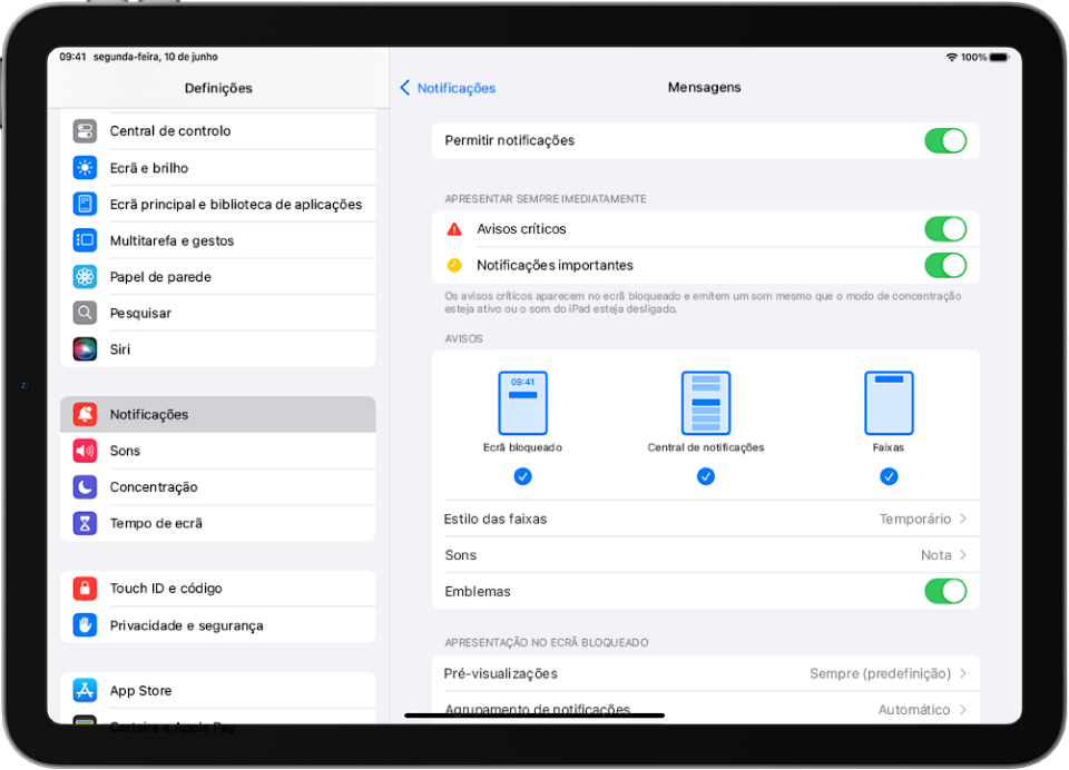 iPad com definições da aplicação Mensagens para notificações e avisos.