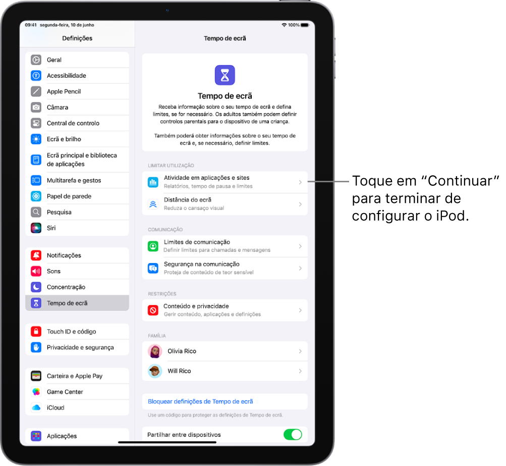 O ecrã para configurar Tempo de ecrã a mostrar que toca em “Atividade em aplicações e sites” para começar.