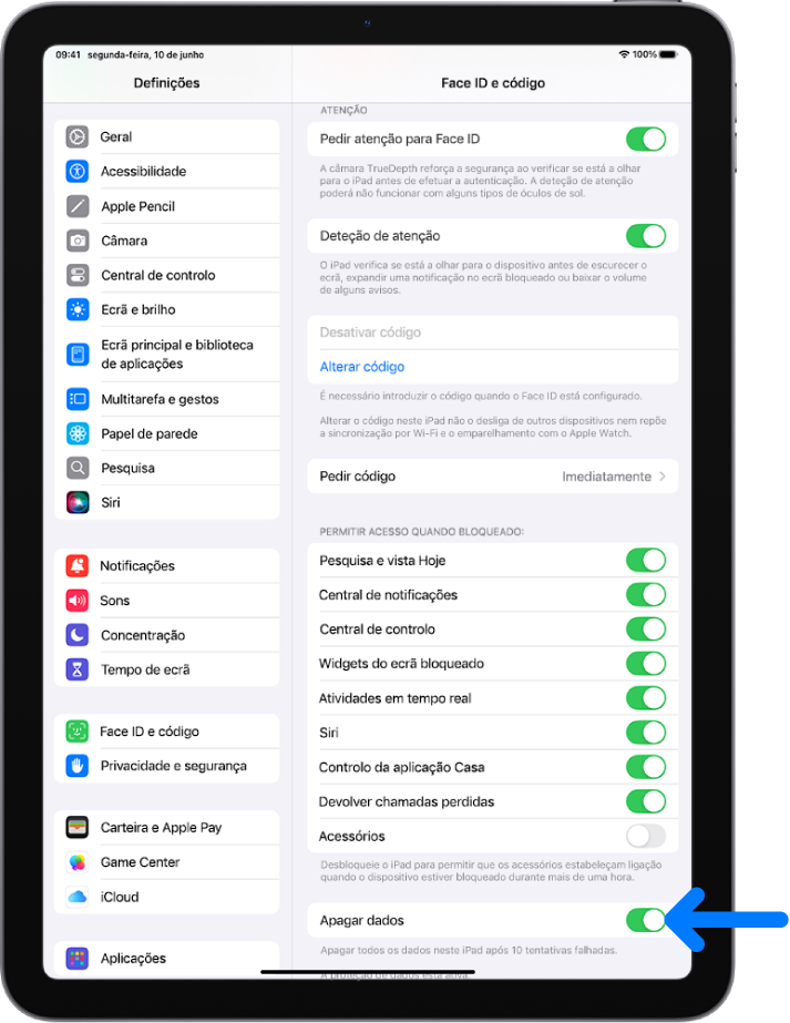 O controlo “Apagar dados”, na parte inferior do ecrã “Face ID e código” nas Definições.