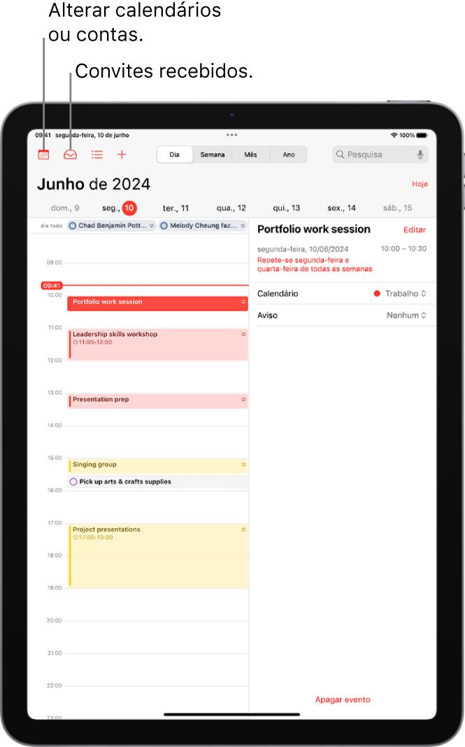 Um calendário em vista de dia. Os botões na parte superior do ecrã, ao centro, permitem alternar entre as vista Dia, Semana, Mês e Ano. O botão Calendários encontra-se em cima à esquerda do ecrã e o botão Recebido encontra-se perto do canto superior esquerdo.