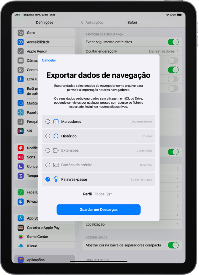 O ecrã “Exportar dados de navegação” com a opção “Palavras‑passe” assinalada para exportação para outro gestor de palavras‑passe.
