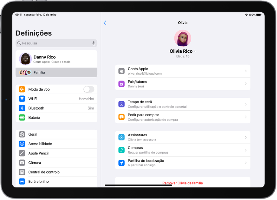 O ecrã Definições com funcionalidades disponíveis para um membro da família adolescente, como Pedir para comprar e Apple Cash.
