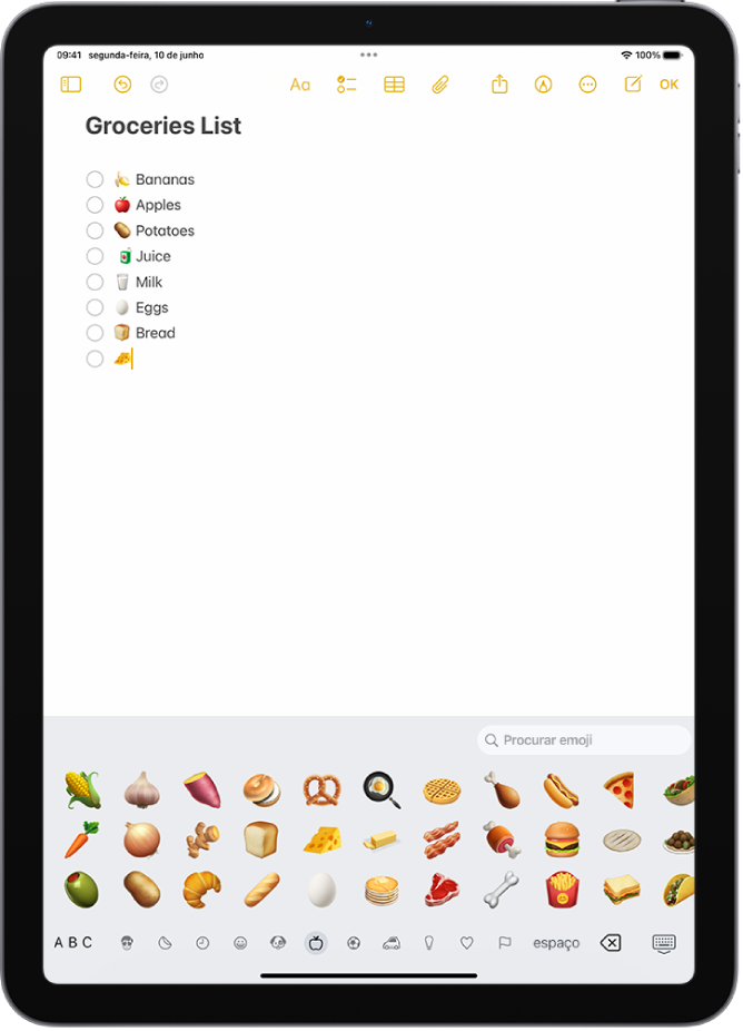 É aberta uma nota na aplicação Notas na parte superior do ecrã e o teclado de emoji é aberto na parte inferior do ecrã.