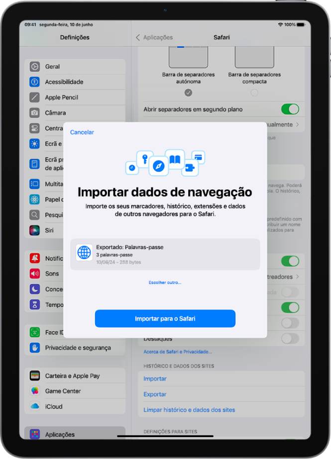 O ecrã “Importar dados de navegação” a mostrar o ficheiro CSV das palavras‑passe de outro gestor de palavras‑passe para importação.
