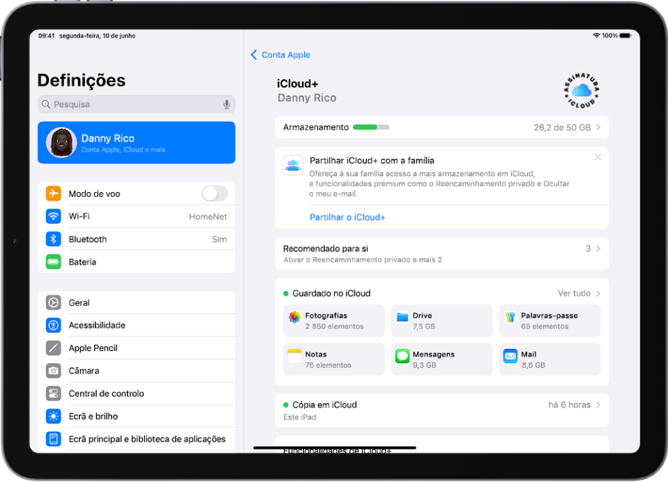 Ecrã das definições de iCloud, com o indicador de armazenamento em iCloud e uma lista de aplicações e funcionalidades, incluindo Fotografias, iCloud Drive e Mail em iCloud que podem ser usados com iCloud.