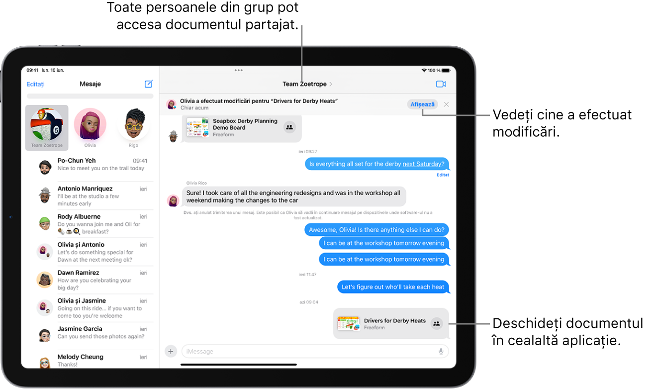 O conversație de grup în Mesaje incluzând o invitație la colaborare și actualizări în partea de sus a ferestrei conversației.