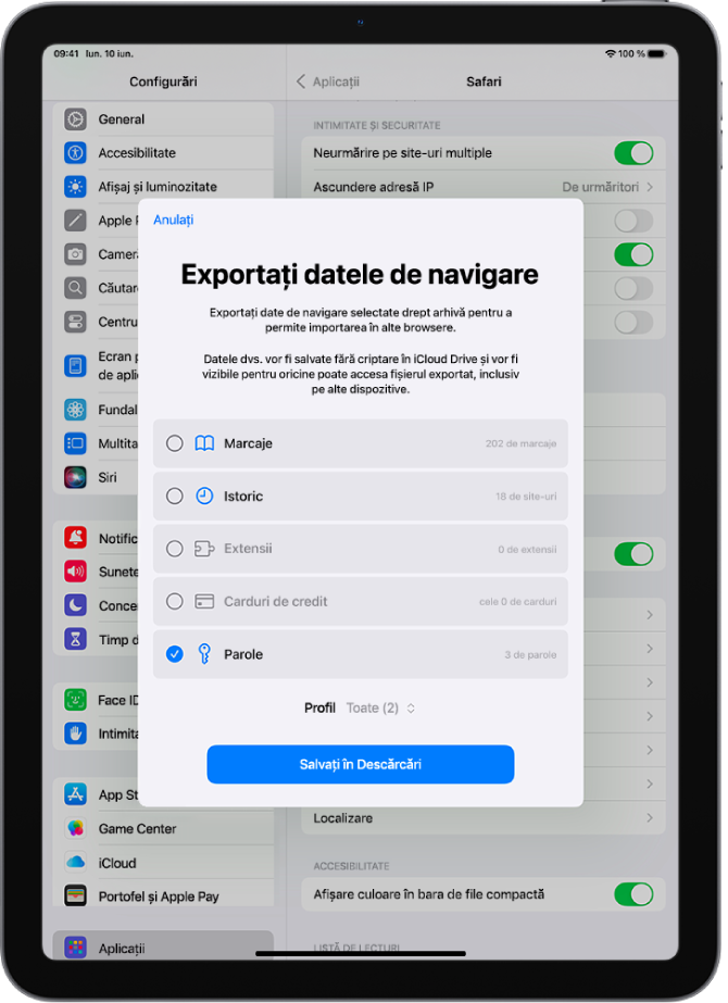 Ecranul Exportați datele de navigare, cu opțiunea Parole selectată pentru exportarea în alt gestionar de parole.