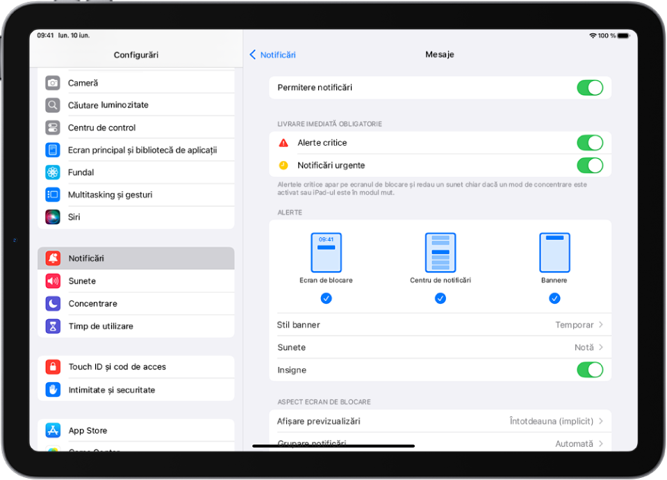 iPad cu configurările Mesaje pentru notificări și alerte.