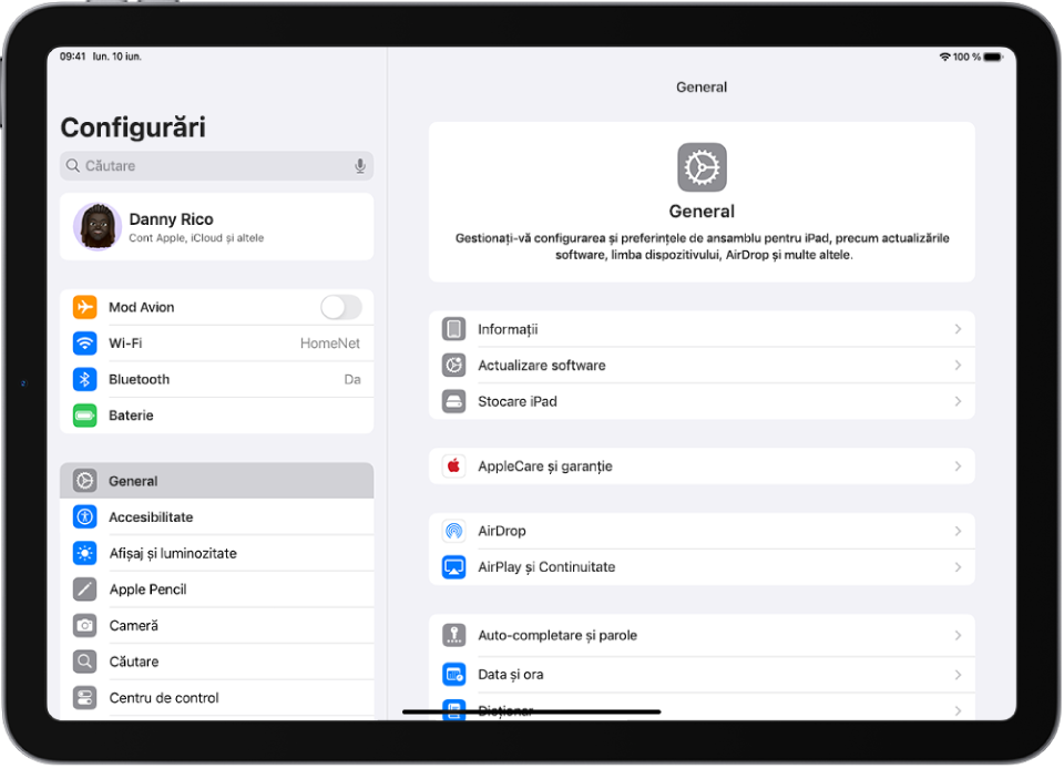 Ecranul principal al iPad-ului, cu mai multe pictograme de aplicații, inclusiv pictograma aplicației Configurări, pe care o puteți apăsa pentru a modifica volumul sunetelor de pe iPad, luminozitatea ecranului etc.