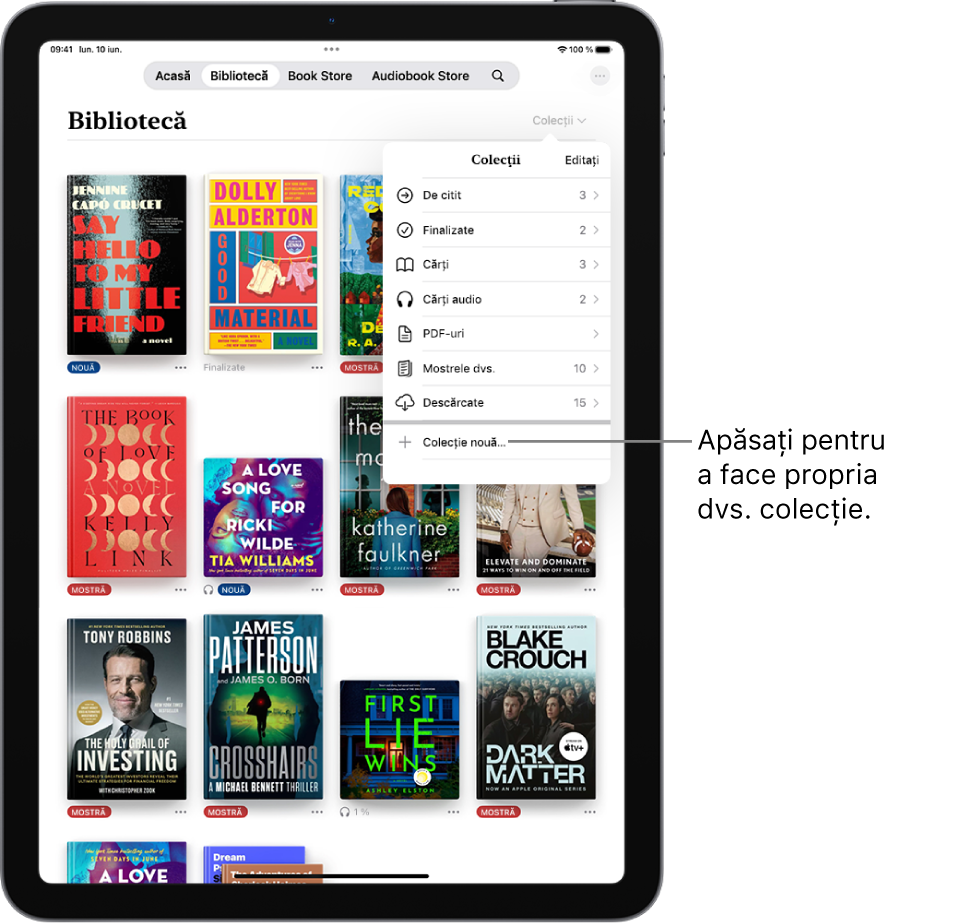 Ecranul Bibliotecă în aplicația Cărți. În partea de sus a ecranului este deschis meniul Colecții, afișând opțiuni precum Cărți audio și PDF-uri.