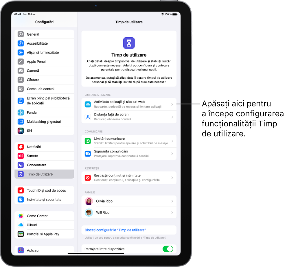 Ecranul pentru configurarea Timp de utilizare, indicând faptul că utilizatorul apasă pe Activitate aplicații și site‑uri web pentru a începe.