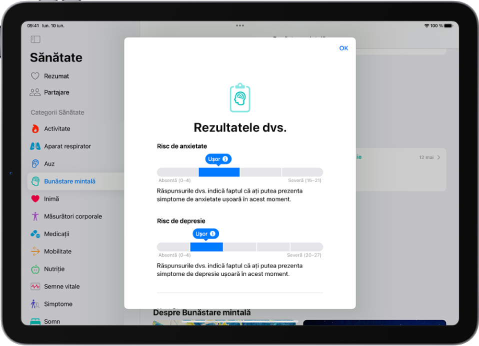 Un ecran din aplicația Sănătate afișând rezultatele unui chestionar pentru sănătatea mintală.