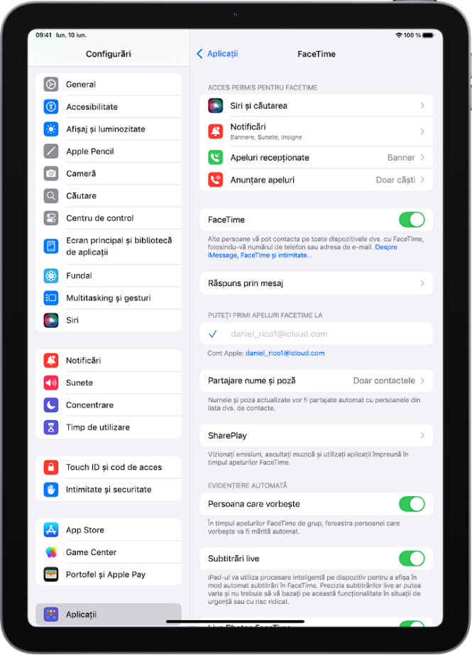 Ecranul de configurări FaceTime, afișând comanda de activare sau dezactivare FaceTime și contul Apple utilizat pentru FaceTime.