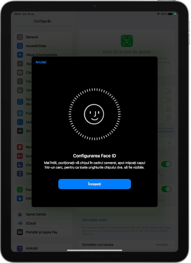 Ecranul de configurare a recunoașterii Face ID. O față zâmbitoare este afișată pe ecran, încadrată într-un cerc. Textul de sub aceasta instruiește utilizatorul să-și miște încet capul pentru a finaliza cercul. Butonul Începeți apare în apropierea părții de jos a ecranului.