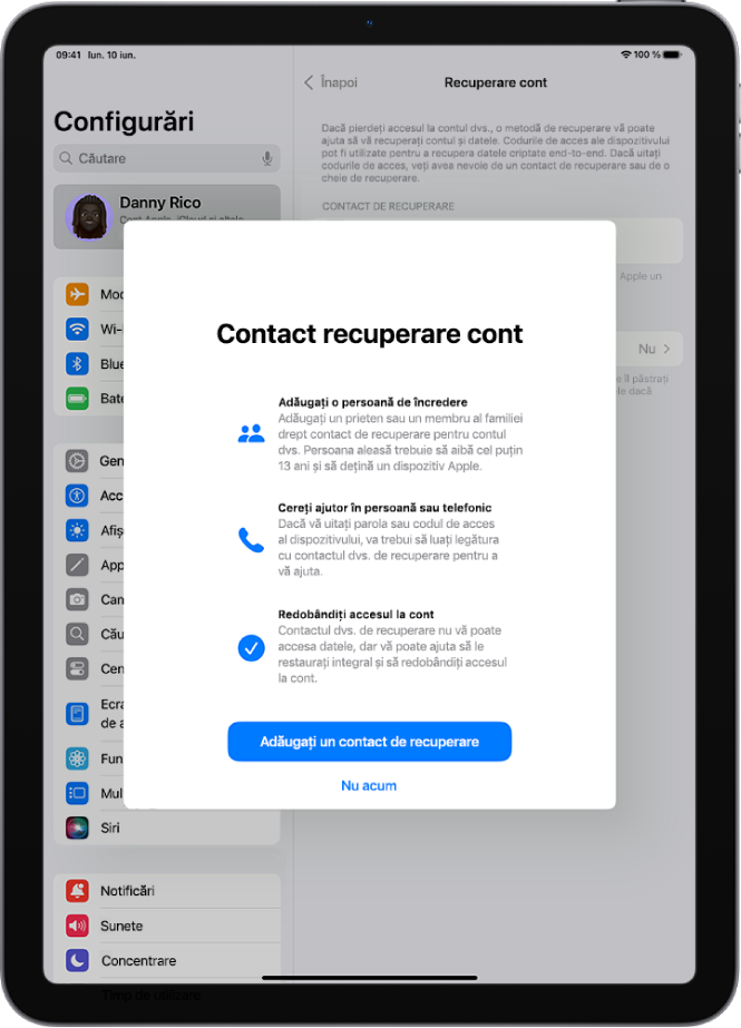 Ecranul Contact recuperare cont cu informații despre funcționalitate. Butonul Adăugați un contact pentru recuperare este în partea de jos.
