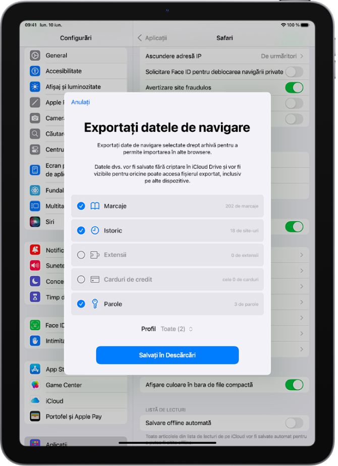 Ecranul Exportați datele de navigare, afișând datele pe care le puteți exporta din Safari în alt browser.