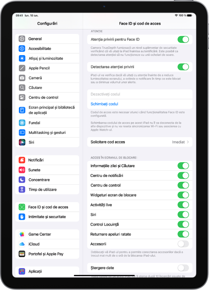 Configurările Face ID și cod de acces, cu opțiuni pentru permiterea accesului la anumite funcționalități când iPad‑ul este blocat.