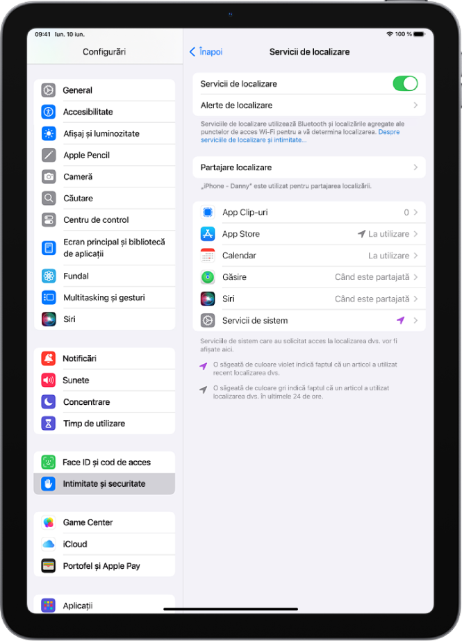 Ecranul Servicii de localizare, cu configurări pentru partajarea localizării iPad‑ului cu aplicațiile.