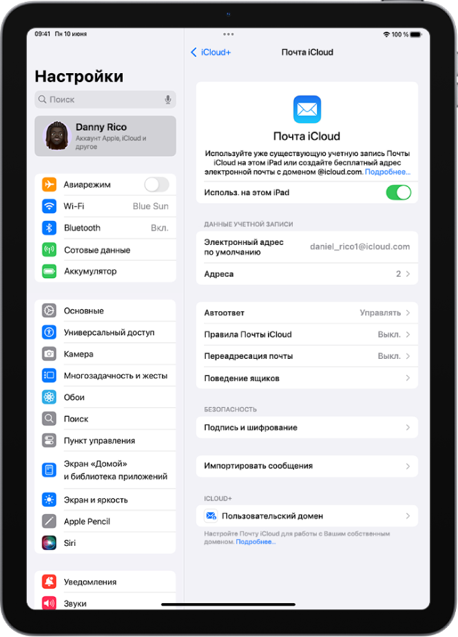 Приложение «Настройки». Открыт экран «Почта iCloud». В нижней части меню отображается параметр «Пользовательский домен».