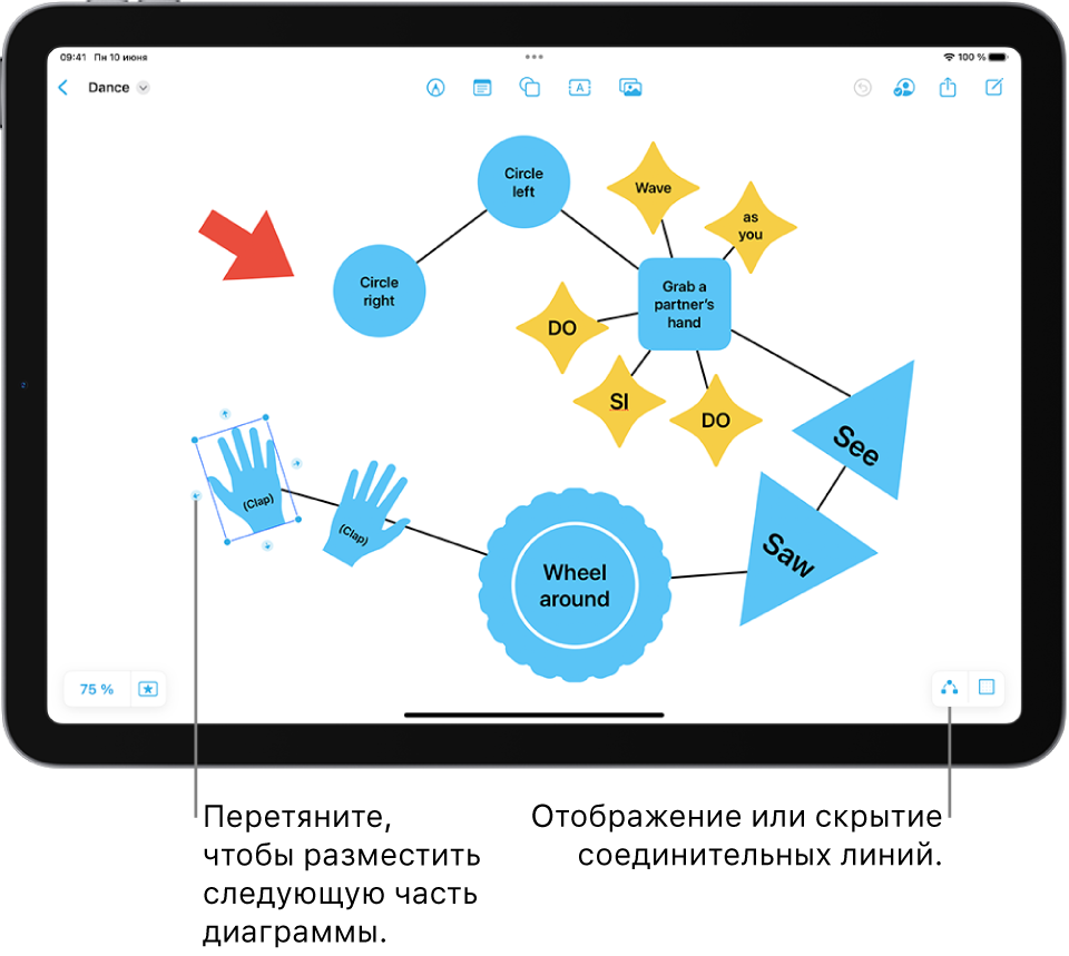 На доске Freeform отображается диаграмма. На выбранной фигуре показаны соединители, а над ними отображаются инструменты форматирования фигуры.