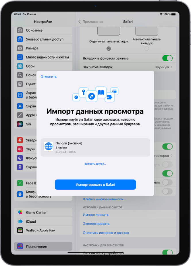 На экране «Импорт данных просмотра» показан файл CSV, содержащий пароли из другого менеджера паролей.