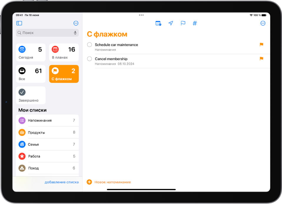 На экране «Напоминания» отображается смарт‑список с объектами, отмеченными флажком.