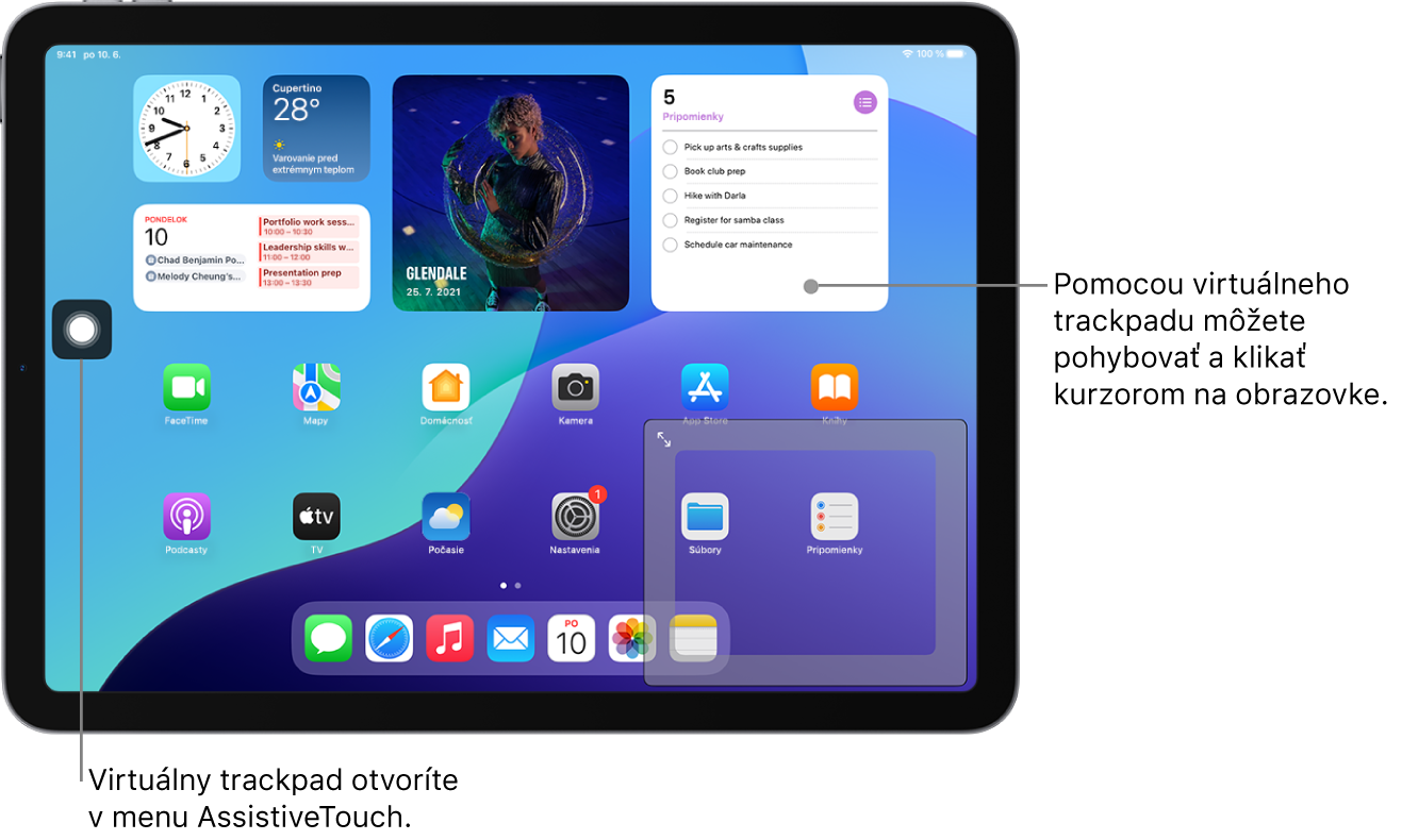 iPad s virtuálnym trackpadom v rohu obrazovky. Na obrazovke sa nachádza aj menu AssistiveTouch (ktoré sa používa na otvorenie trackpadu) a kurzor (ktorý sa ovláda pomocou trackpadu).