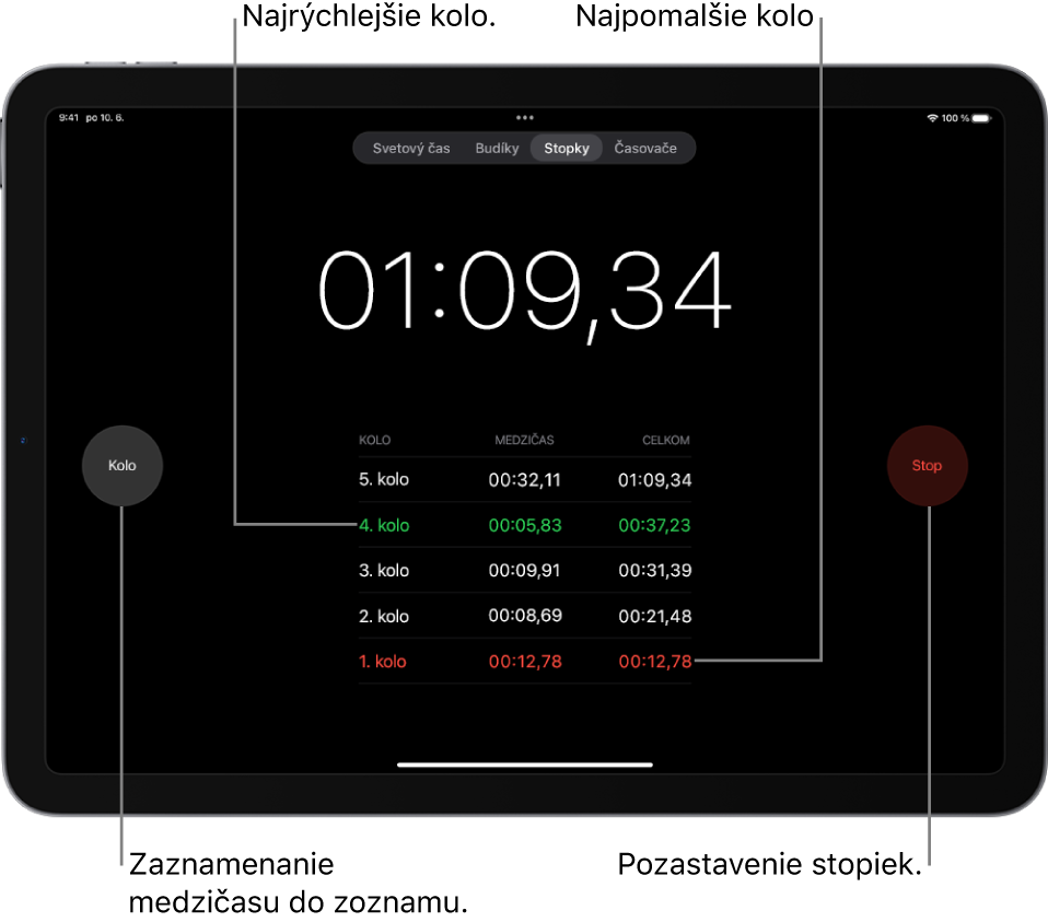Stopky v apke Hodiny ukazujú celkový uplynulý čas disciplíny a pod ním je uvedených niekoľko kôl v rámci danej disciplíny.