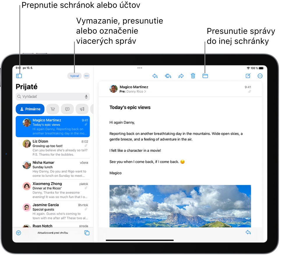 Schránka apky Mail so zoznamom emailových správ naľavo a otvoreným emailom napravo.