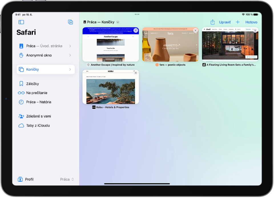 V Safari sa zobrazuje zoznam viacerých skupín tabov. Je vybraná jedna skupina tabov s náhľadmi šiestich otvorených tabov.