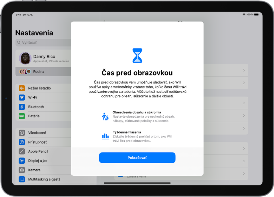 Obrazovka s popisom funkcií sledovania času, ktorý dieťa trávi pred obrazovkou, s možnosťami, ako je napríklad plánovaný odpočinok.
