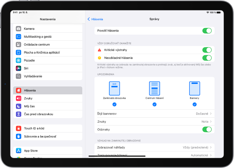 iPad s nastaveniami apky Správy pre hlásenia a upozornenia.