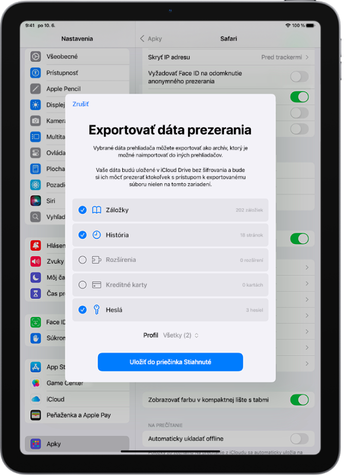 Obrazovka Exportovať dáta prezerania s dátami, ktoré možno zo Safari exportovať do iného prehliadača.