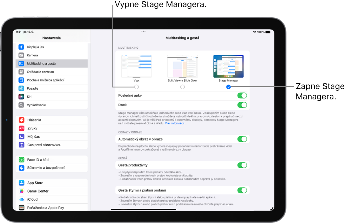 Obrazovka apky Nastavenie na zapnutie a vypnutie Stage Managera.
