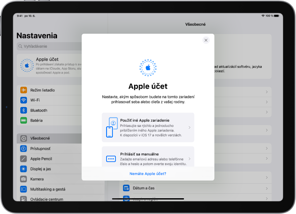Obrazovka Nastavenia, na ktorej sa v strede zobrazuje dialógové okno prihlásenia do Apple účtu.
