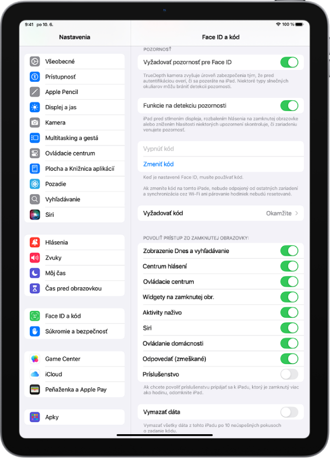 Nastavenia Face ID a kód s možnosťami umožňujúcimi prístup k špecifickým funkciám na zamknutom iPade.