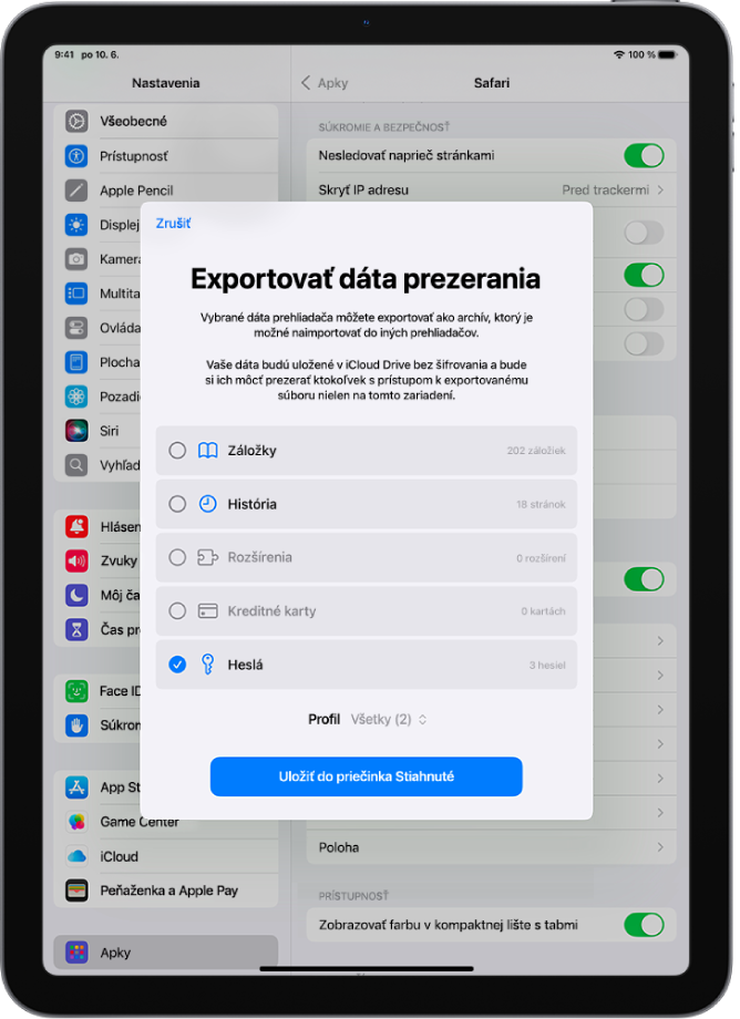 Obrazovka Exportovať dáta prezerania s vybranou možnosťou Heslá na export do iného správcu hesiel.