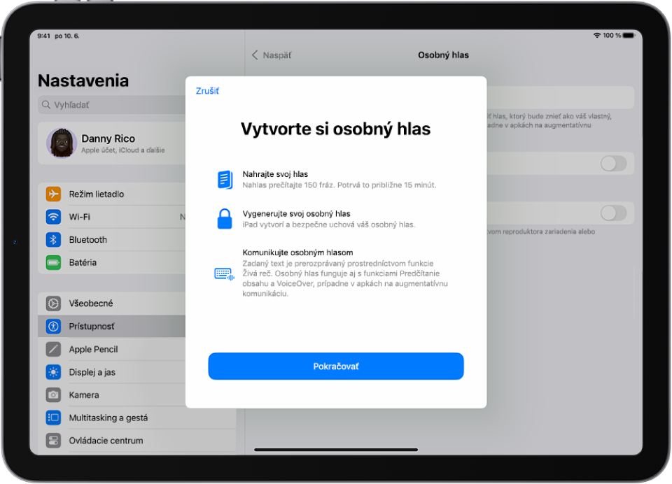 iPad s informáciami o tom, ako si vytvoriť osobný hlas.