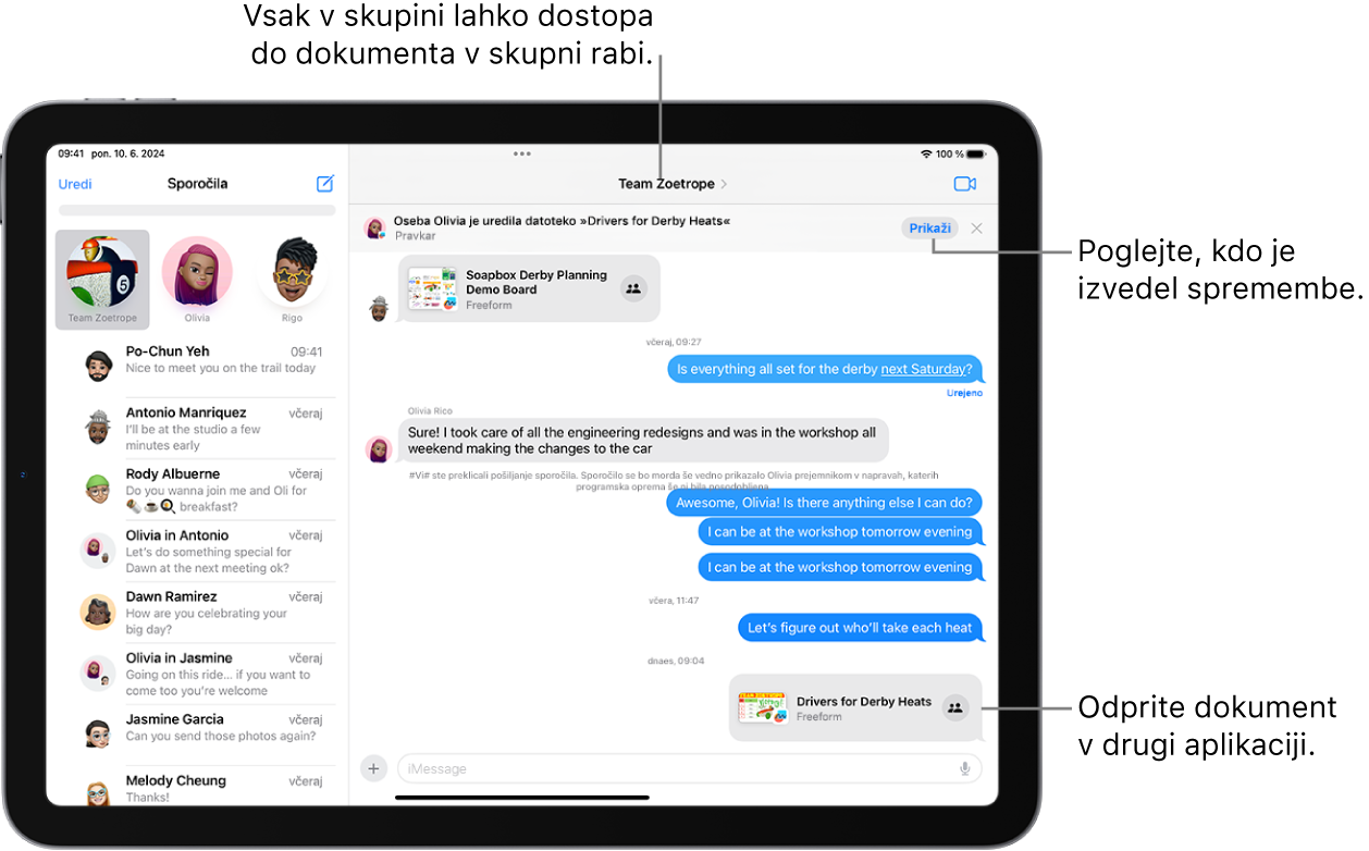 Skupinski pogovor v aplikaciji Sporočila, vključno s povabilom k sodelovanju in posodobitvami na vrhu okna pogovora.