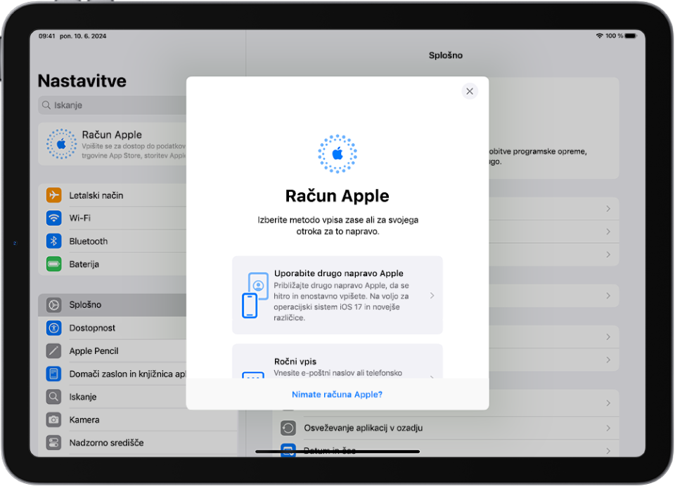 Zaslon Nastavitve s pogovornim oknom za vpis v račun Apple na sredini zaslona.