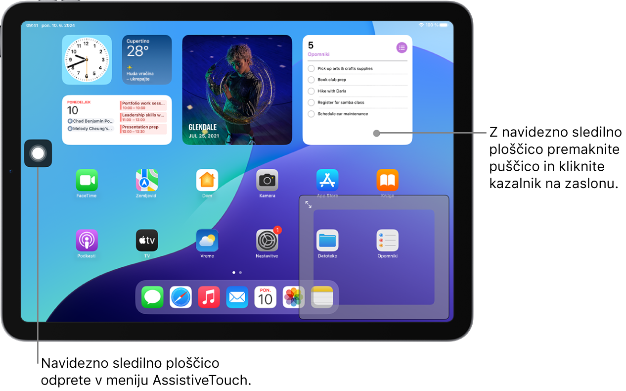 iPad z navidezno sledilno ploščico, prikazano v kotu zaslona. Na zaslonu sta tudi meni AssistiveTouch (ki se uporablja za odpiranje sledilne ploščice) in kazalec (ki ga upravlja sledilna ploščica).